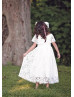 Cape Sleeve White Lace Ankle Length Flower Girl Dress